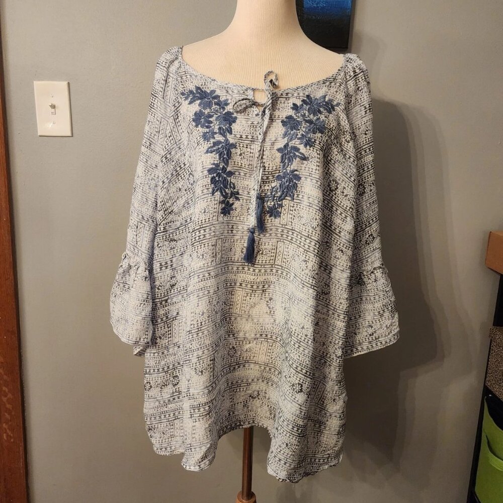 Catherines Top Womens 2X 22-24W Blue Embroidered Floral Tasseled Peasant Blouse